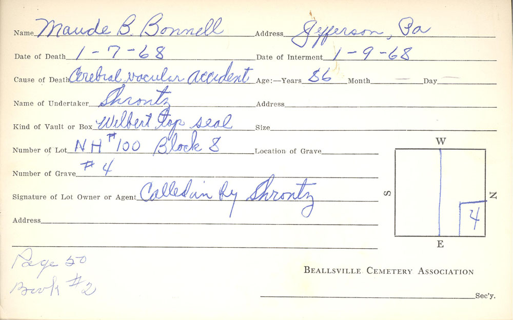 Maude Bonnell burial card